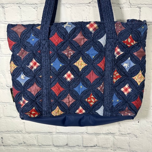 Donna Sharp Handbags - Donna Sharp Quilted Tote Bag Cathedral Window Patchwork Navy Blue Red